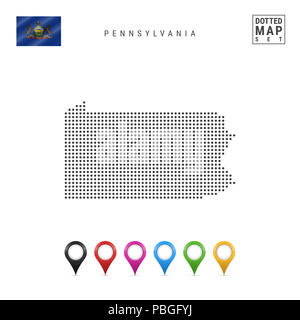 Dots Pattern Map von Pennsylvania. Stilisierte Einfache Silhouette von Pennsylvania. Die Flagge des Staates Pennsylvania. Eingestellt von bunten Karte Markierungen. Stockfoto