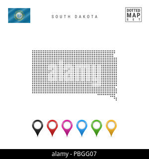 Dots Muster Karte von South Dakota. Stilisierte Einfache Silhouette von South Dakota. Die Flagge des Staates South Dakota. Eingestellt von bunten Karte Markierungen. Stockfoto