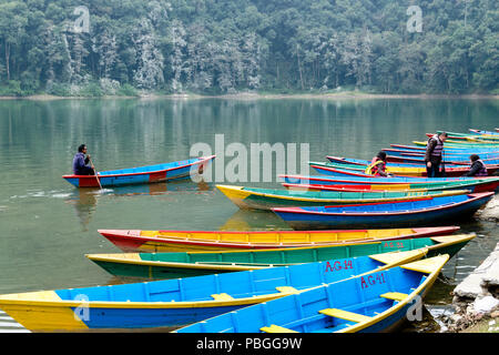 Bunte Boote in Phewa See, Pokhara Stockfoto