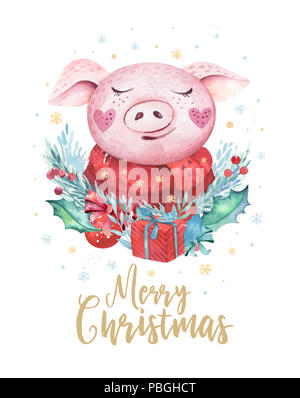 Aquarell Nettes Schwein Symbol 2019 Abbildung. Lustige cartoon ping Tier Happy Chinese New Year piggy Poster isoliert. Stockfoto