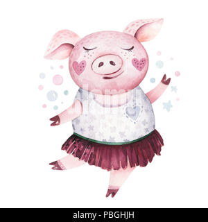 Aquarell Nettes Schwein Symbol 2019 Abbildung. Lustige cartoon ping Tier Happy Chinese New Year piggy Poster isoliert. Stockfoto