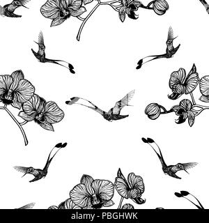 Nahtlose Muster von Hand gezeichnete Skizze stil Kolibris und Orchidee Blumen auf weißem Hintergrund. Vector Illustration. Stock Vektor