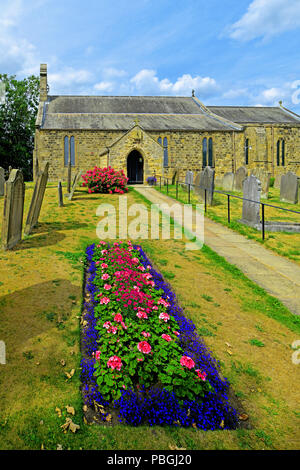 Heddon an der Wand St Andrews Sächsische Norman 630 AD Kirche und Friedhof mit Blumenbeet Stockfoto