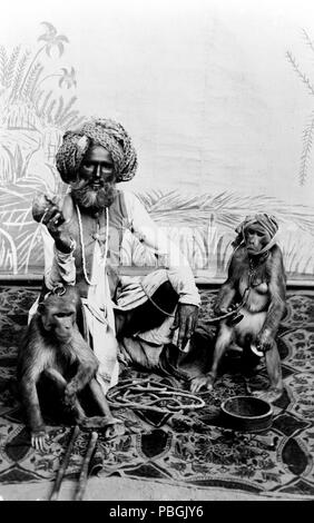 Indischer Fakir, full-length Portrait, auf Tuch mit zwei Affen sitzen. 1890-1920 Stockfoto