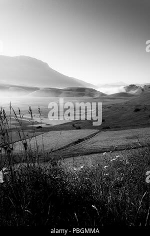 Anzeigen von Castelluccio Di Norcia (Umbrien) in der Dämmerung, bei Nebel, große Wiesen und völlig leeren Himmel Stockfoto