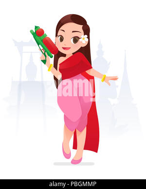 Der cartoon Frau in Thai Garnituren hält Wasser Gewehr, Songkran Festival, Kultur in Thailand, Vektor, Abbildung Stockfoto