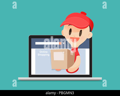 Cartoon Delivery Man bringt eine Ware an einen Kunden vom Laptop, Vector Illustration, Konzept mit Online Shopping und Dienstleistungen. Stockfoto