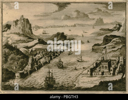 1621 Die Burgen Sultaniye (links) und Kilitbahir (rechts) auf den europäischen und asiatischen Ufer der Dardanellen - Blount Henry - 1634 Stockfoto
