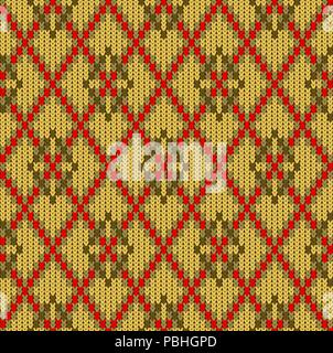 Gestrickte wollene Nahtlose jacquard Ornament. Senf Rauten und Rote Mesh Stock Vektor