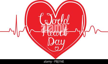 World Heart Day Hintergrund mit handgezeichneten Schriftzug. Vector Illustration. Stock Vektor