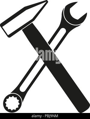 Schwarz Weiß gekreuzte Hammer und Schraubenschlüssel Silhouette Stock Vektor