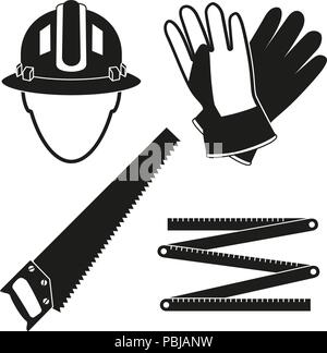 Schwarz Weiß 4 Tischler Elemente silhouette eingestellt Stock Vektor