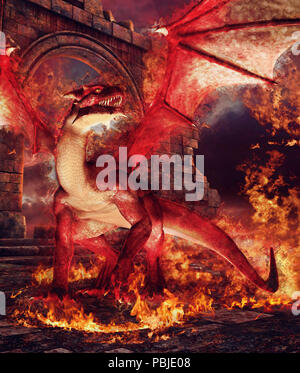Red Dragon in einem Ring des Feuers vor der Burgruine. 3D-Render. Stockfoto