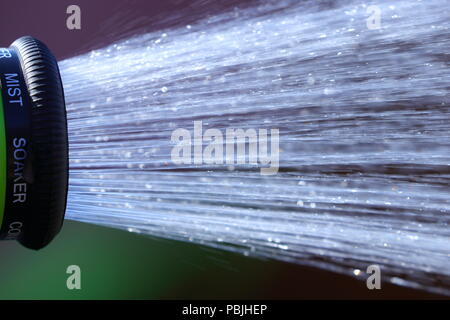 Eine Dusche von Wasser aus einem Gartenschlauch, bevor die vorgeschlagenen Gartenschlauch Verbot in Kraft tritt. Stockfoto
