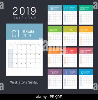 2019 bunte Kalender Wochen beginnen Sonntag - Vektor Vorlage. Stock Vektor