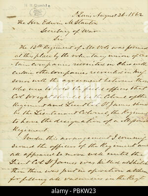 908 Brief unterzeichnet H.R. Glücksspiel, St. Louis, an den Edwin M. Stanton, Sekretär des Krieges, 26. August 1862 Stockfoto