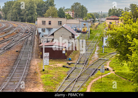 Vitebsk, Belarus - Juli 7, 2018: industrielle Landschaft: Eisenbahnschienen und Getreidespeicher in der Mitte der Bäume. Stockfoto