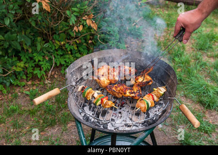 Grillen Chicken Wings und shashlicks am Grill zubereitet. Stockfoto