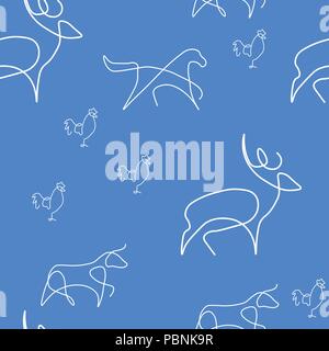 Farm Animal Muster Nahtlose. Hirsch, Pferd, Huhn, Bull. Vector Illustration. Blauen Hintergrund. Stock Vektor