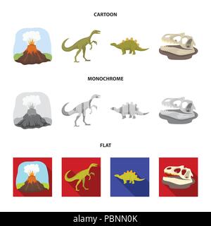 Vulkanausbruch, gallimimus, Stegosaurus, Dinosaurier Schädel. Dinosaurier und prähistorischen Periode set Sammlung Icons im Cartoon, flach, Schwarzweiß-Stil vecto Stock Vektor