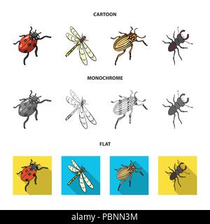 Gliederfüßer Insekten Marienkäfer, Libelle, Käfer, Colorado Käfer Insekten set Sammlung Icons im Cartoon, flach, Schwarzweiß-Stil vektor Symbol lieferbar isome Stock Vektor