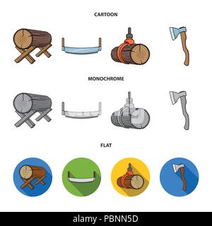 Anmelden unterstützt, Säge, Axt, die Logs. Sägewerk und Holz set Sammlung Icons im Cartoon, flach, Schwarzweiß-Stil vektor Symbol lieferbar Illustra Stock Vektor