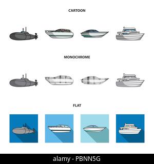 Ein Militär-U-Boot, ein Schnellboot, das Boot und Yacht. Schiffe und Wasser Sammlung Icons im Cartoon, flach, Schwarzweiß-Stil v Stock Vektor
