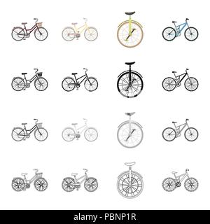 Ein Fahrrad, ein Fahrzeug für Freizeit und Sport. Verschiedene Arten von Fahrrädern set Sammlung Icons in Cartoon schwarz monochrome Outline style Vektor symb Stock Vektor