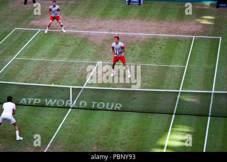 Roger Federer spielt in einem Doppel am 2013 Gerry Weber Open in Halle (Westfalen), Deutschland. Stockfoto