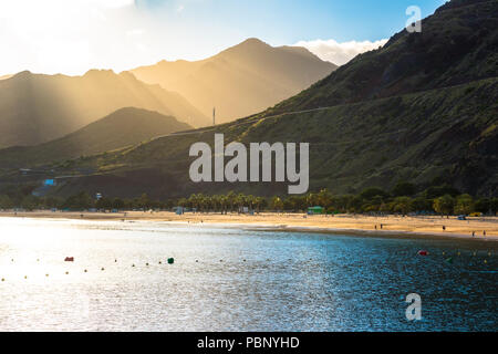 Warmer Sand und Palmen am Strand Playa de Las Teresitas Strand, Teneriffa Stockfoto