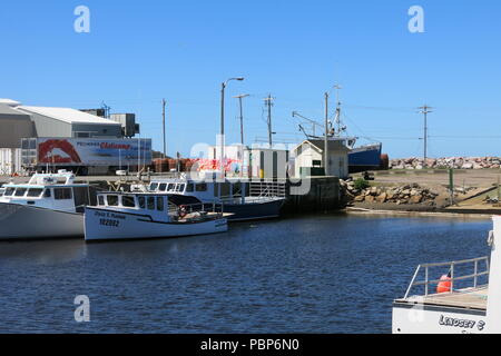 Blick auf die Fischerboote im Hafen in Cheticamp, ein hübsches Fischerdorf auf dem Cabot Trail, Western Shore von Cape Breton Island, Nova Scotia. Stockfoto