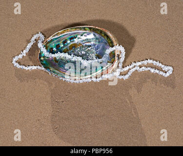 Klare Quarz stolperten Chips Halskette präsentiert auf Abalone Muschel am Strand bei Sonnenaufgang. Stockfoto