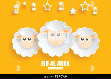 Eid Al Adha Mubarak feier Karte mit Schafen in Paper art gelben Hintergrund. Verwenden Sie für Banner, Poster, Plakat, Flyer, Broschüre verkauf Vorlage. Stock Vektor