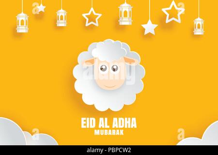 Eid Al Adha Mubarak feier Karte mit Schafen in Paper art gelben Hintergrund. Verwenden Sie für Banner, Poster, Plakat, Flyer, Broschüre verkauf Vorlage. Stock Vektor