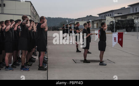 Sky Soldaten von Bulldog Truppe, 1st Squadron (Airborne), 91st Cavalry Regiment waren wie Williamson Cup Sieger anerkannt. Die 173Rd Airborne Brigade Kommandeur Oberst James Bartholomees ausgezeichnet mit dem Streamer zur Erreichung höchster Bereitschaft Metriken in diesem Quartal in der Brigade. Stockfoto