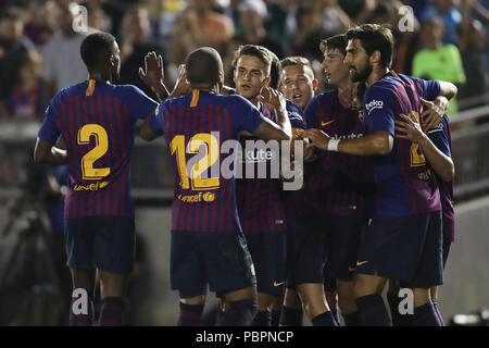 Juli 28, 2018: Barcelona Spieler ein Tor in der ersten Halbzeit Feiern im Spiel zwischen dem FC Barcelona und Tottenham Hotspur, Internationale Champions Cup, Rose Bowl, Pasadena, CA. USA. Fotograf: Peter Joneleit Stockfoto