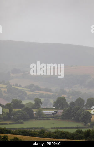 North Wales, 29. Juli 2018. UK Wetter: Die ersten echten nachhaltigen Niederschlag für viele heute einschließlich Flintshire, das ist eine willkommene Abwechslung von der jüngsten Hitzewelle. Nassen und windigen Wetter können Sie über die Ausläufer und Clwydian Hügel in ländlichen Flinthsire Stockfoto