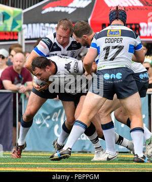 Lamport Stadium, Toronto, Ontario, Kanada, 28. Juli 2018. Sam Hopkins (C) von Toronto Wolfpack auf dem Angriff gegen Featherstone Rover während Toronto Wolfpack v Featherstone Rovers in der Betfred Meisterschaft. Credit: Touchlinepics/Alamy leben Nachrichten Stockfoto