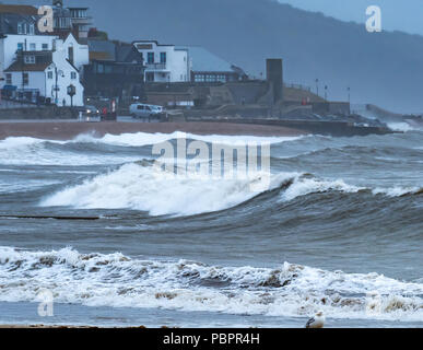 Lyme Regis, Dorset, Großbritannien. Juli 2018. UK Wetter: Stürmisches Wetter trifft die Küste bei Lyme Regis. Der Strand ist leer im Badeort Lyme Regis als regen und hohen Wind bringen eine vorübergehende Ruhe, um den Rekord brechen Sommer Hitzewelle. Kredit: PQ/Alamy Live News. Stockfoto