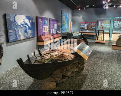 18. April 2018: Keflavik, Island - Vikingaheimar, ein Wikingermuseum in der Halbinsel Reykjanes. Einige Geräusche, am besten in kleinen Größen. Stockfoto