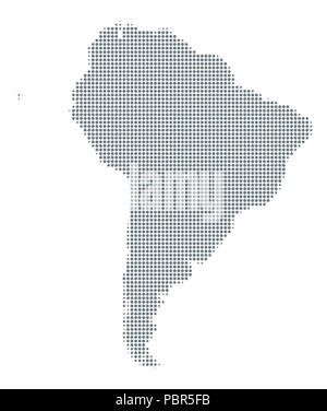 Silhouette von Südamerika. Karte mit grauen Rasterpunkte von unterschiedlicher Größe und Abstände. Gestrichelte Umrisse und Oberfläche unter Robinson Projektion. Stockfoto
