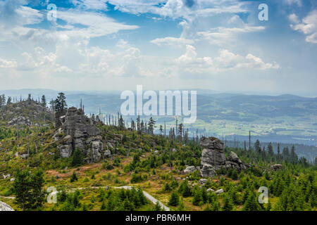 Blick zum Dreisessel, Trojmezi und Trojmezna Hügellandschaft mit Wäldern durch Borkenkäfer Plage zerstört (Unheil) im Böhmerwald. Stockfoto