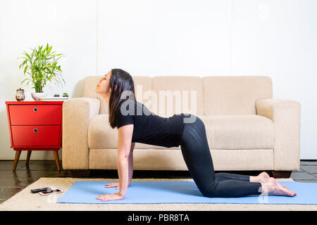 Schönen kaukasischen brünette Frau in schwarzer Kleidung auf Blau yogamat tun Kuh darstellen Stockfoto