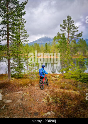 Junge mit Mountainbike, Blick auf ruhigen See in der Mitte der Schwere Wald. Trübes Wetter. Herbst Farben Stockfoto
