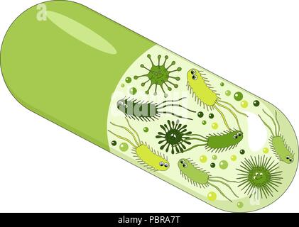 Kapseln mit grünen probiotische Bakterien. Konzept der gesunden Ernährung Zutat für therapeutische Zwecke. Raster Abbildung auf weißem Hintergrund Stockfoto