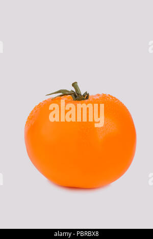 Ganze reife orange Tomaten isoliert auf Weiss. Close Up. Wassertropfen auf Gelbe runde Tomate. Stockfoto