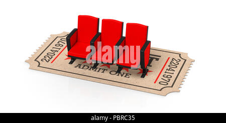 Kino Konzept. Kino alte Art ticket beige unter Red Kino Sitze auf einem weißen Hintergrund, Ausschnitt, isoliert, 3-D-Abbildung. Stockfoto