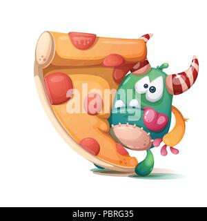 Herzhafte Pizza mit Würstchen und Monster-Cartoon Illustration. Stock Vektor