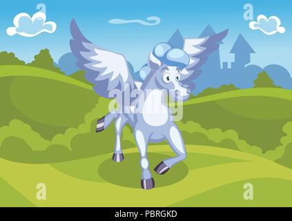 Fantasy Sommer Vector Illustration mit Schloss und einem weißen Pegasus Stock Vektor