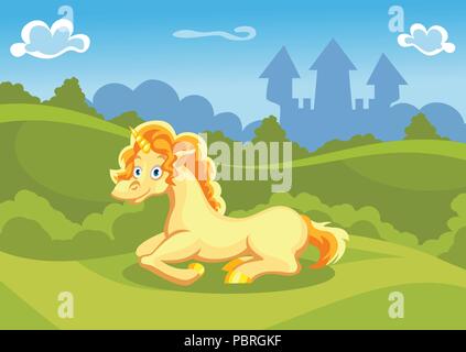 Fantasy Sommer Vector Illustration mit Schloss und einem gelben Einhorn Stock Vektor